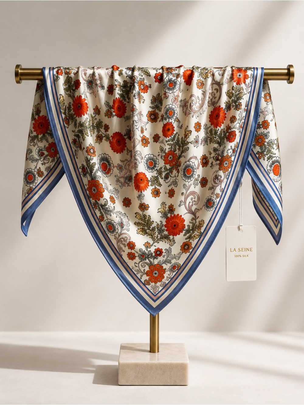 NWT La Seine 100% Silk Floral Triangle Scarf Blue Orange  Oversized